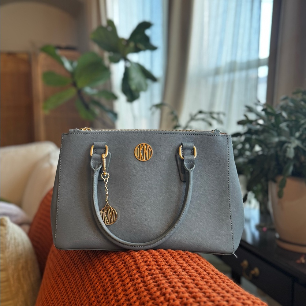 DKNY Blue Satchel Handbag with Crossbody Strap, gold hardware (100% leather)